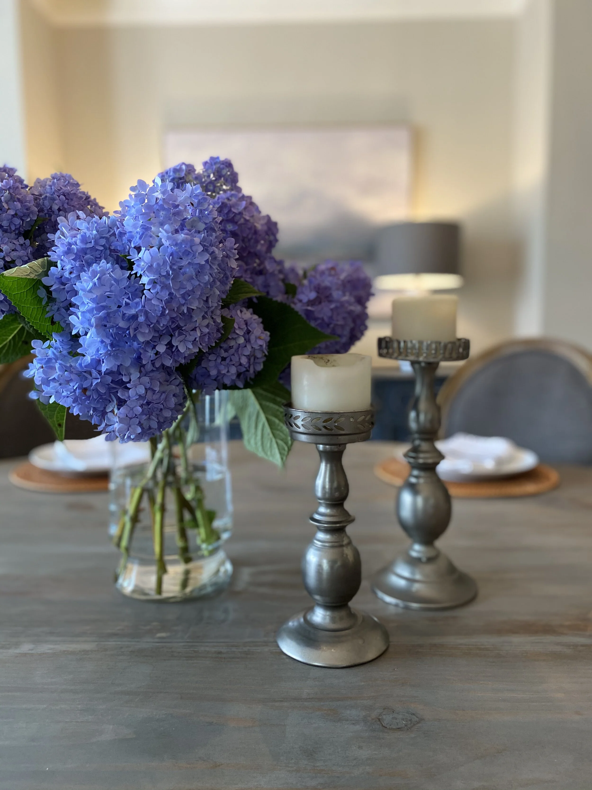 Hydrangea arrangement styled on a console table