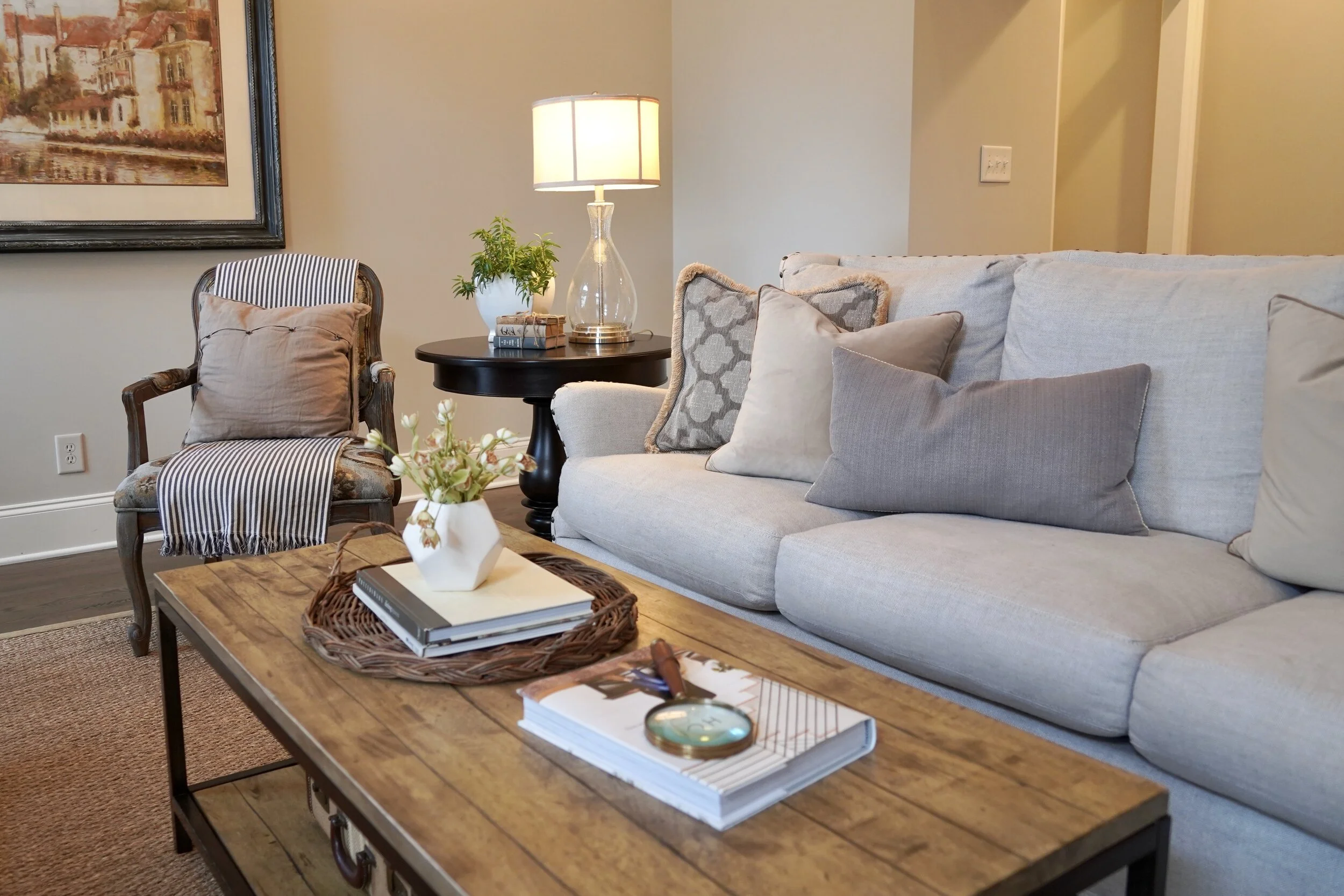 Living room sofa styled with textured pillows